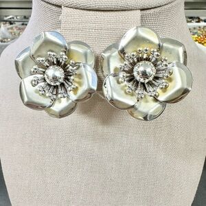 Vintage Signed Coro Silver Tone Metal Flower Earrings